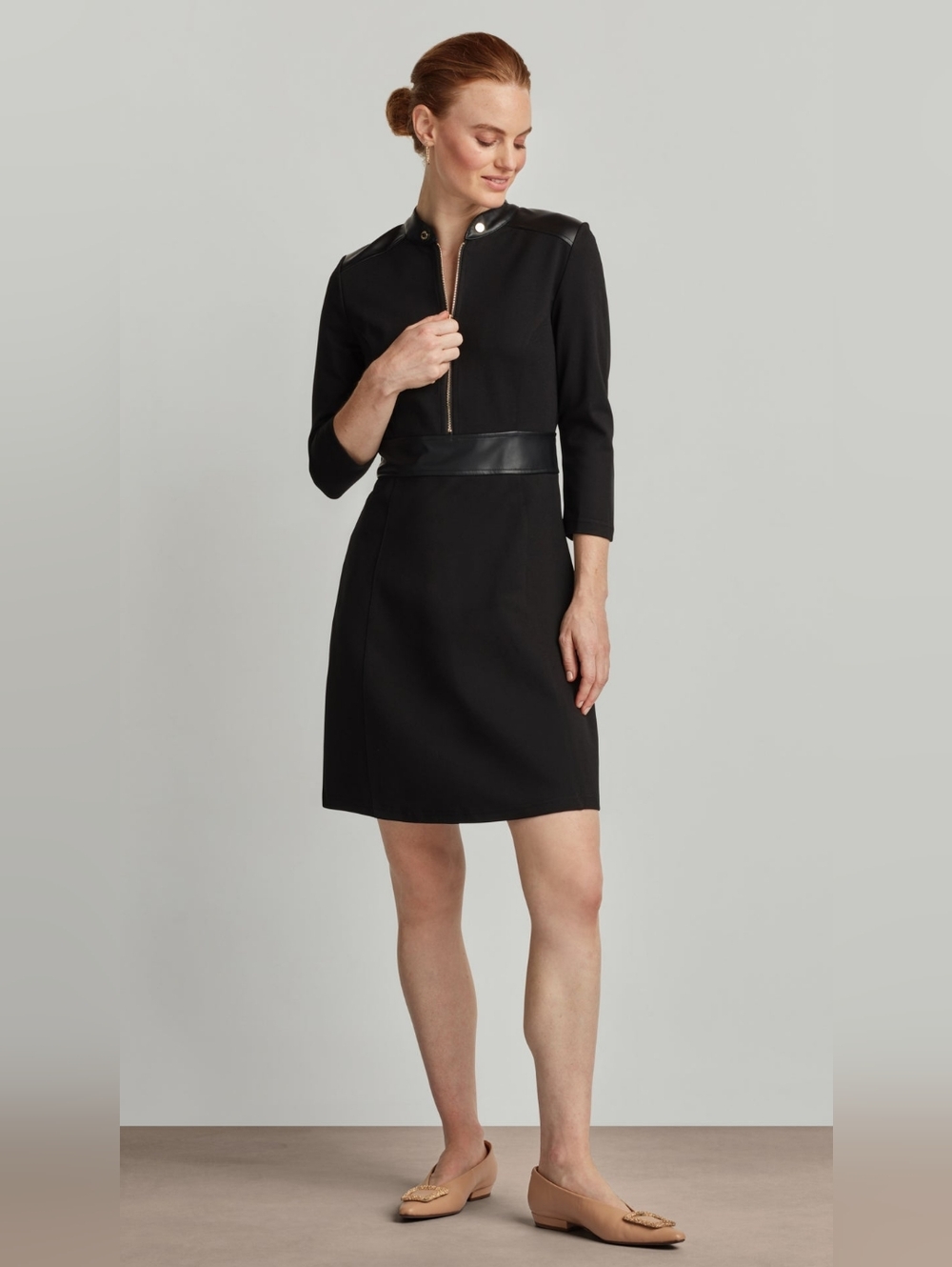 NWT Ellen Tracy Mandarin Collar Black A-Line Dress with Faux Leather Trim - Picture 2 of 10